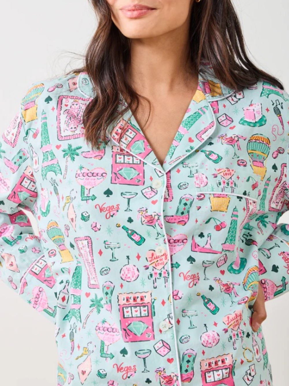 Printfresh Viva Las Vegas Button Down Pajama Top Mint Green Size XL